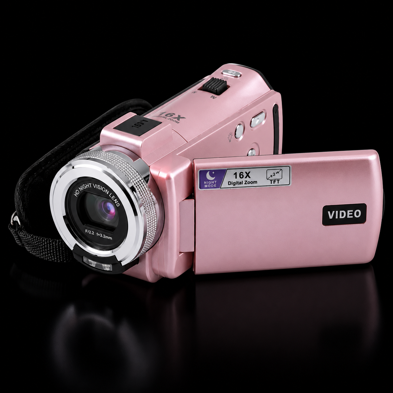 Pink handheld camcorder with flip-out display