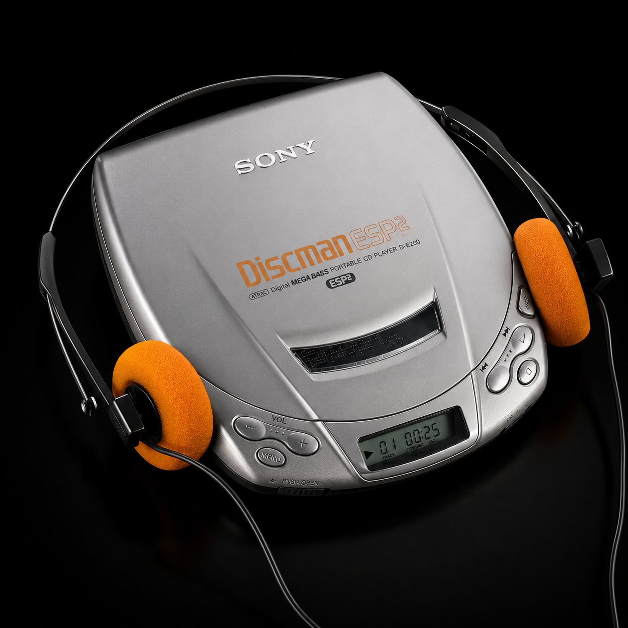 Sony Discman portable CD player with orange headphones
