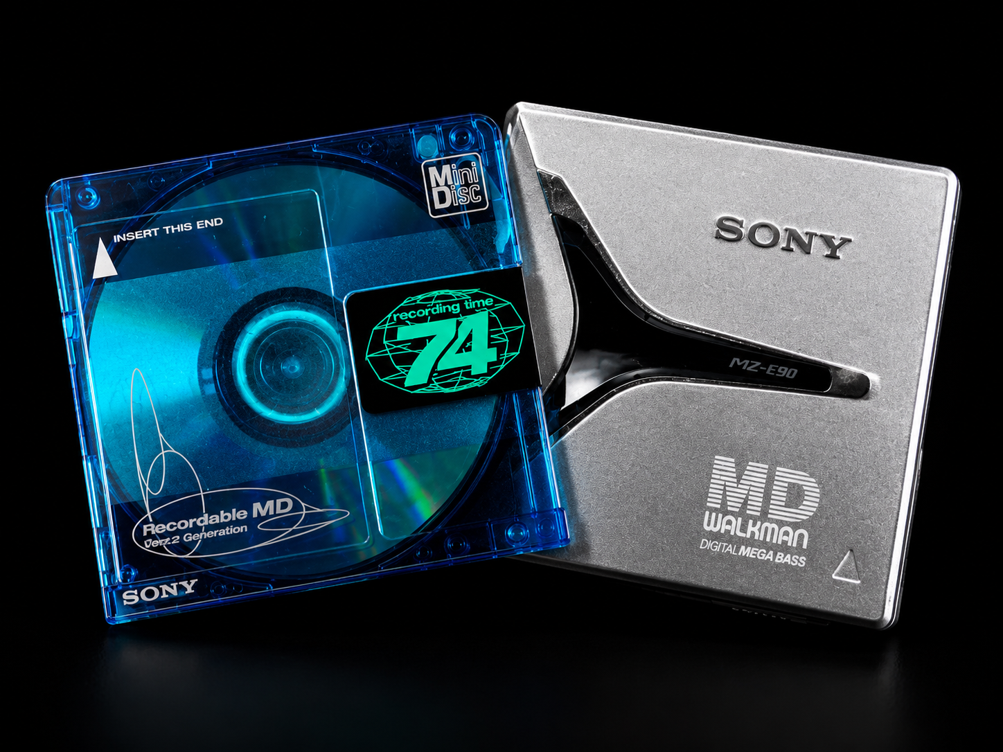 Sony MiniDisc player and blue translucent MiniDisc