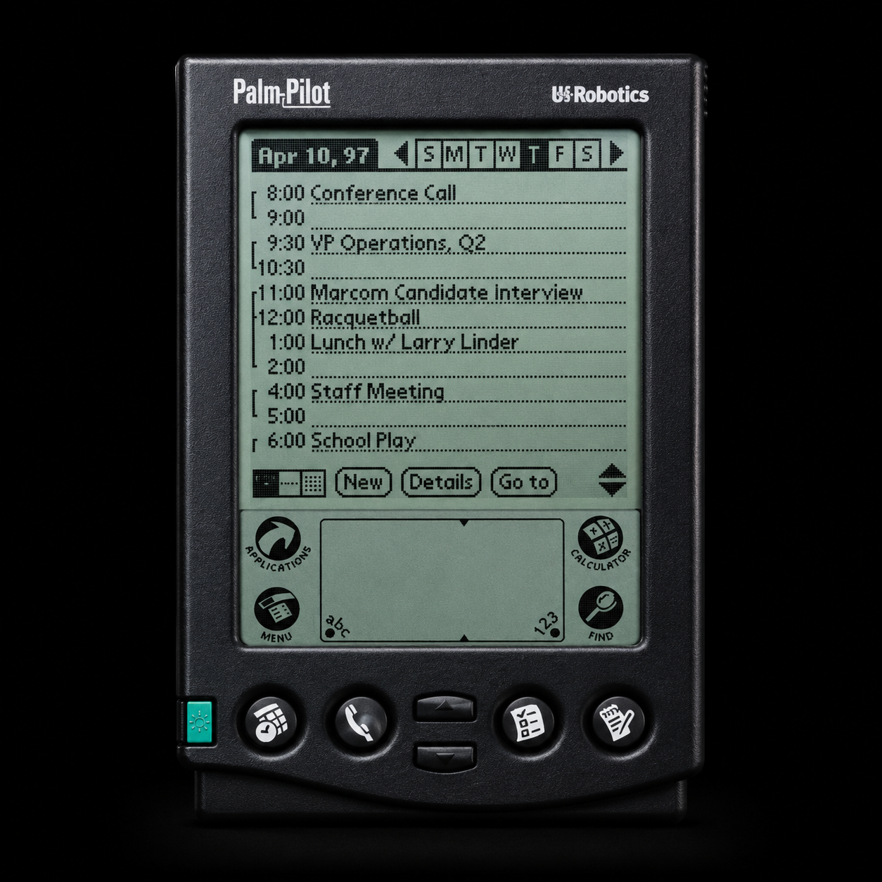PalmPilot organizer showing a daily calendar screen