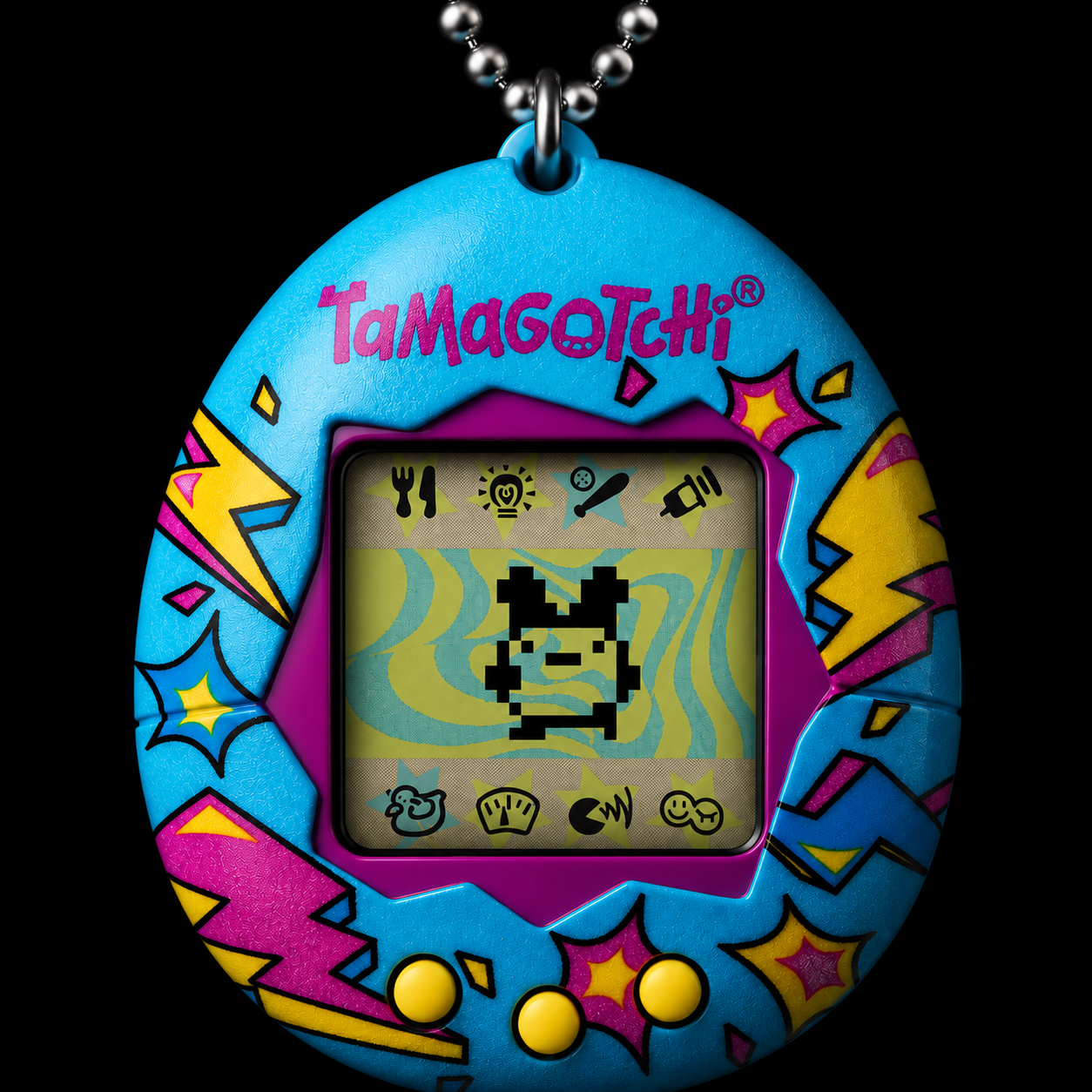 Bright blue Tamagotchi digital pet on a dark background