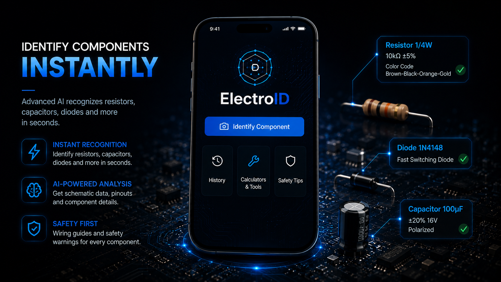 ElectroID AI component identification app hero with phone and electronic parts