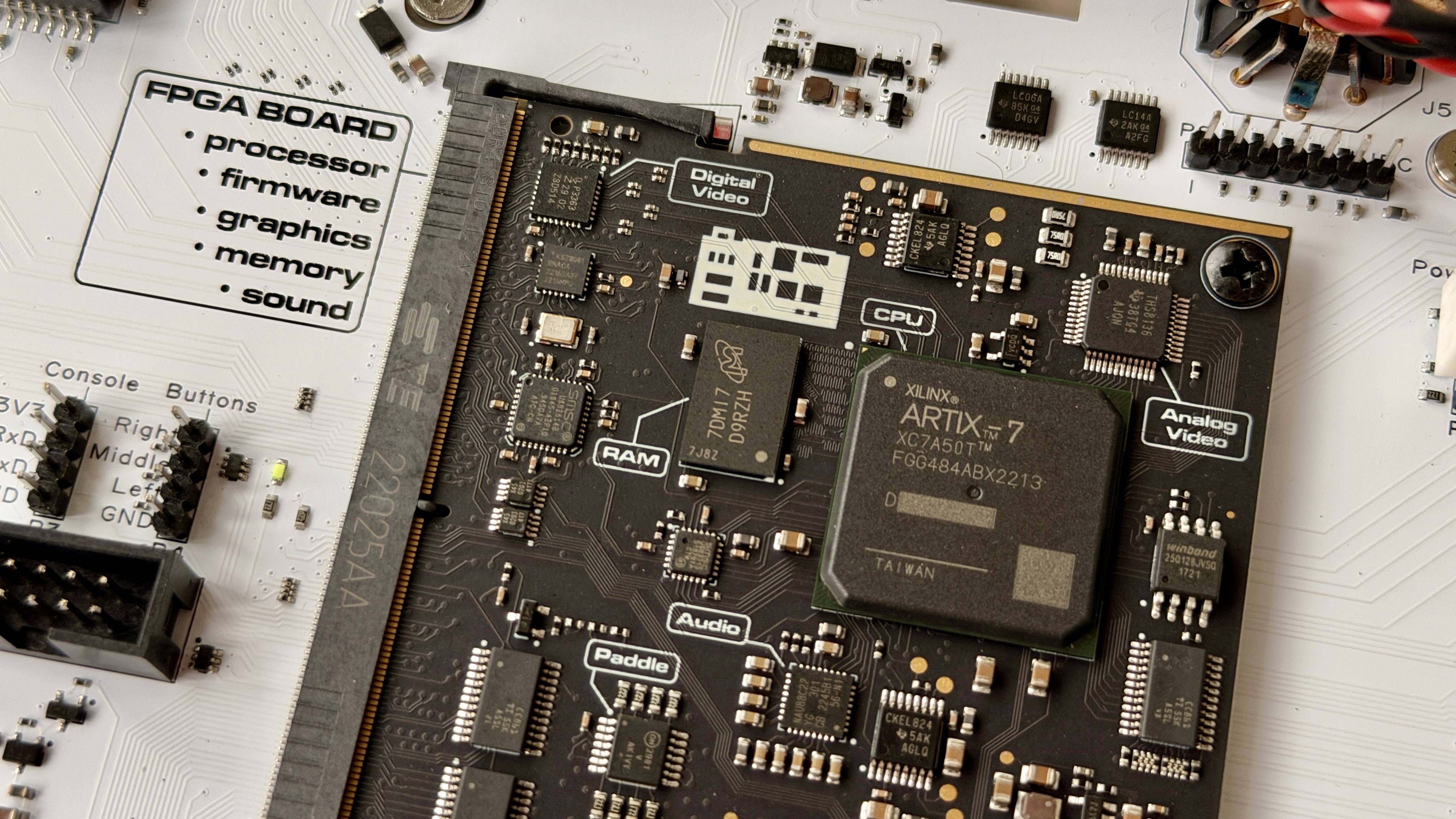 Close-up FPGA board with processor, RAM and labeled signal areas