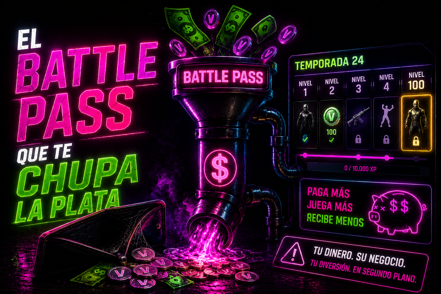 Arte neon de una maquina de battle pass chupando dinero del jugador