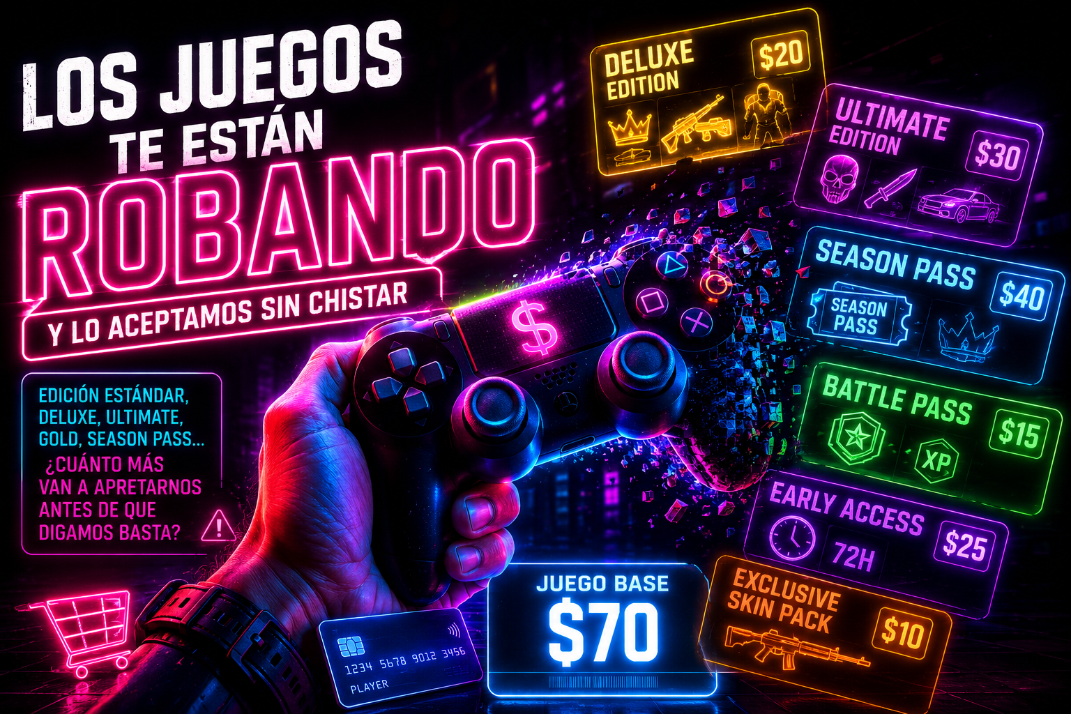 Arte neon de un control de videojuegos con precios de ediciones deluxe, battle pass y juego base