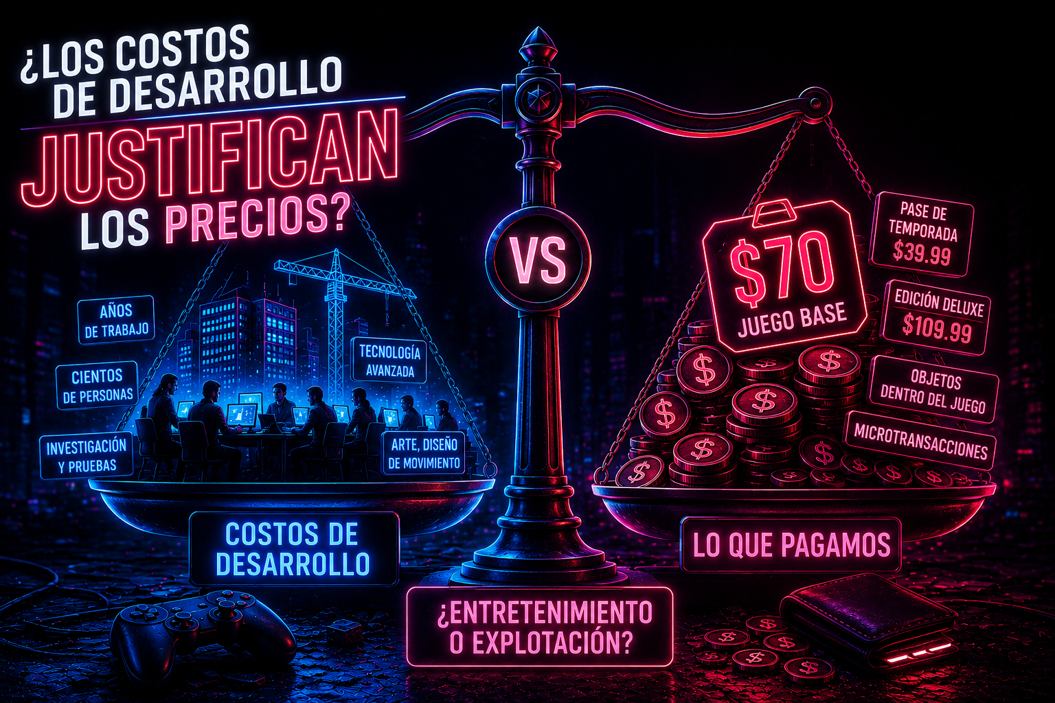 Arte neon comparando costos de desarrollo con precio base, pases y microtransacciones
