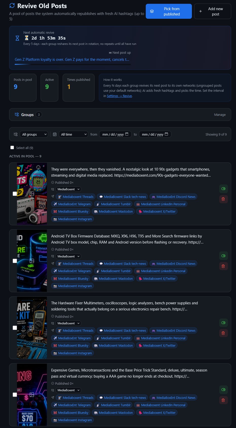 MBX Flow Revive Old Posts screen showing grouped evergreen posts and target networks