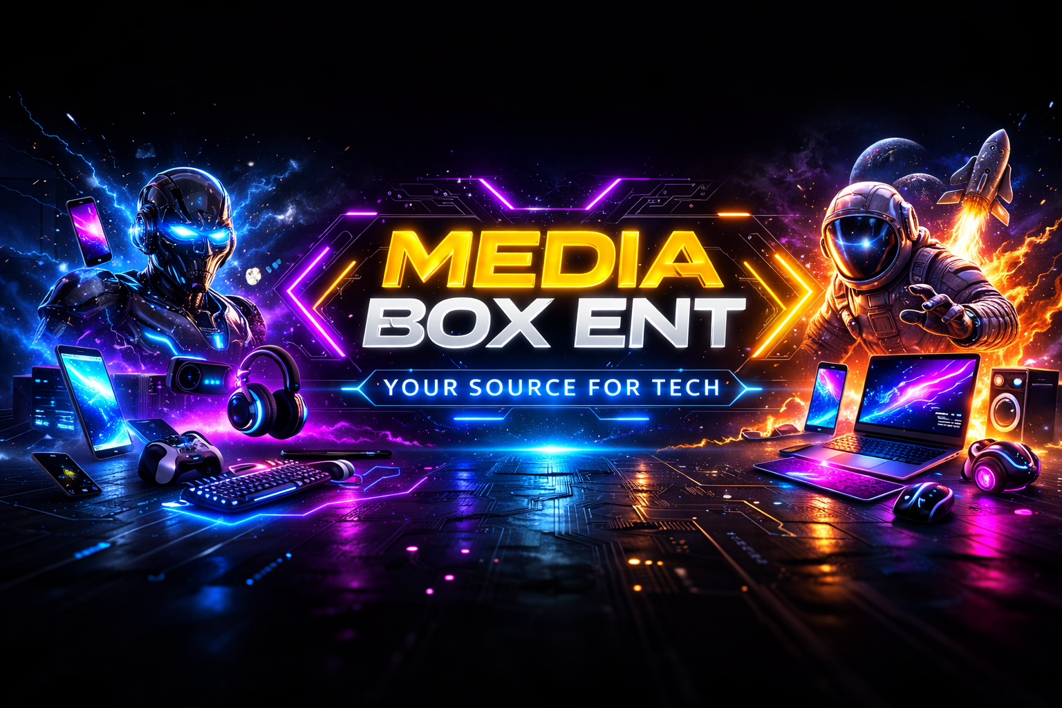 MediaBoxEnt tech banner with AI, gaming and creator gear