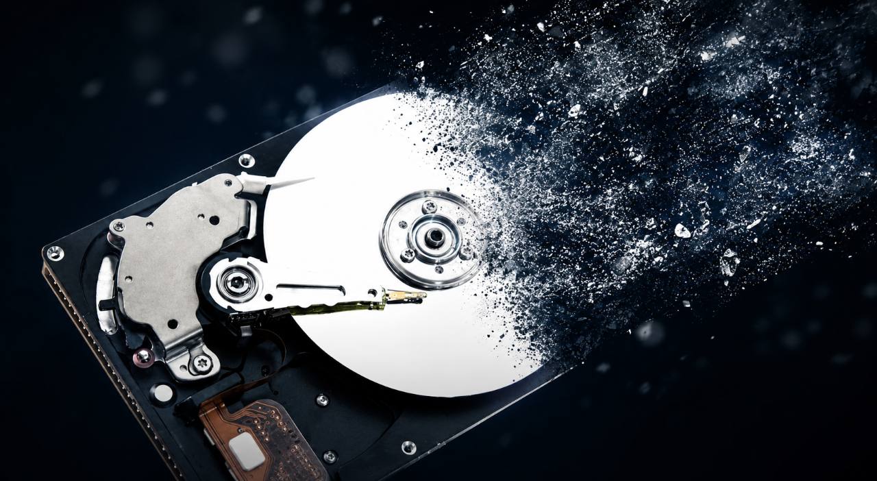 Hard drive visual breaking apart into fragments.