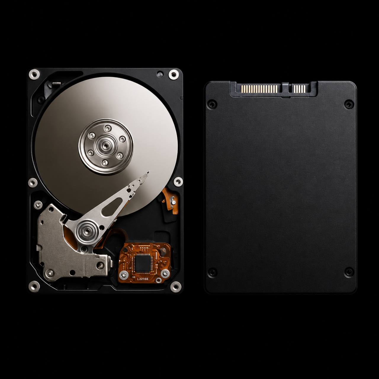 Hard drive and solid state drive side by side on a black background.