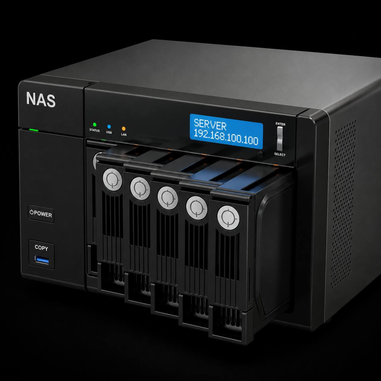 Five bay NAS server on a black background.