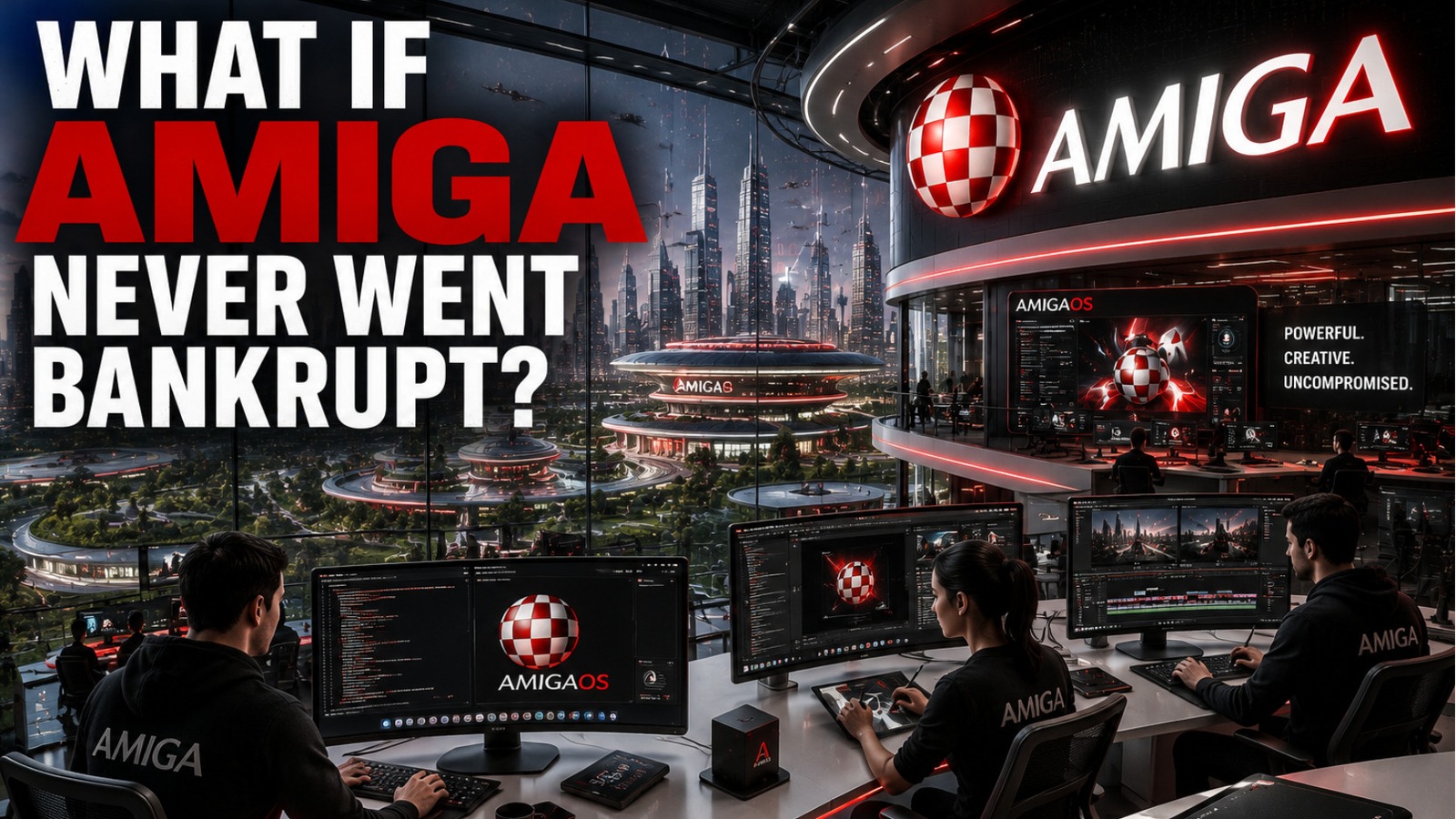English alternate-history artwork showing a futuristic Amiga campus