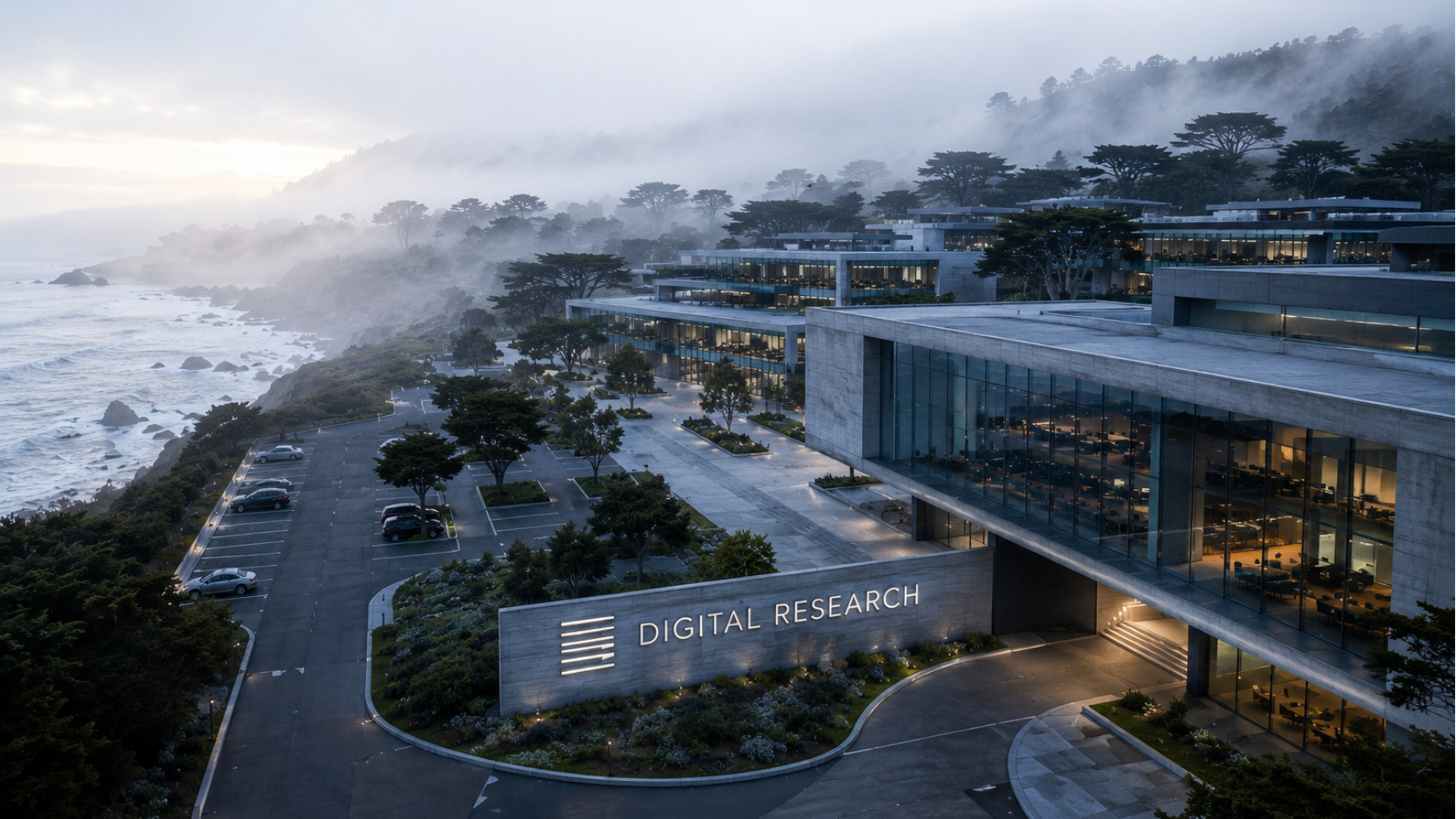 Conceptual visualization of a modern Digital Research coastal campus in the alternate 2026 timeline