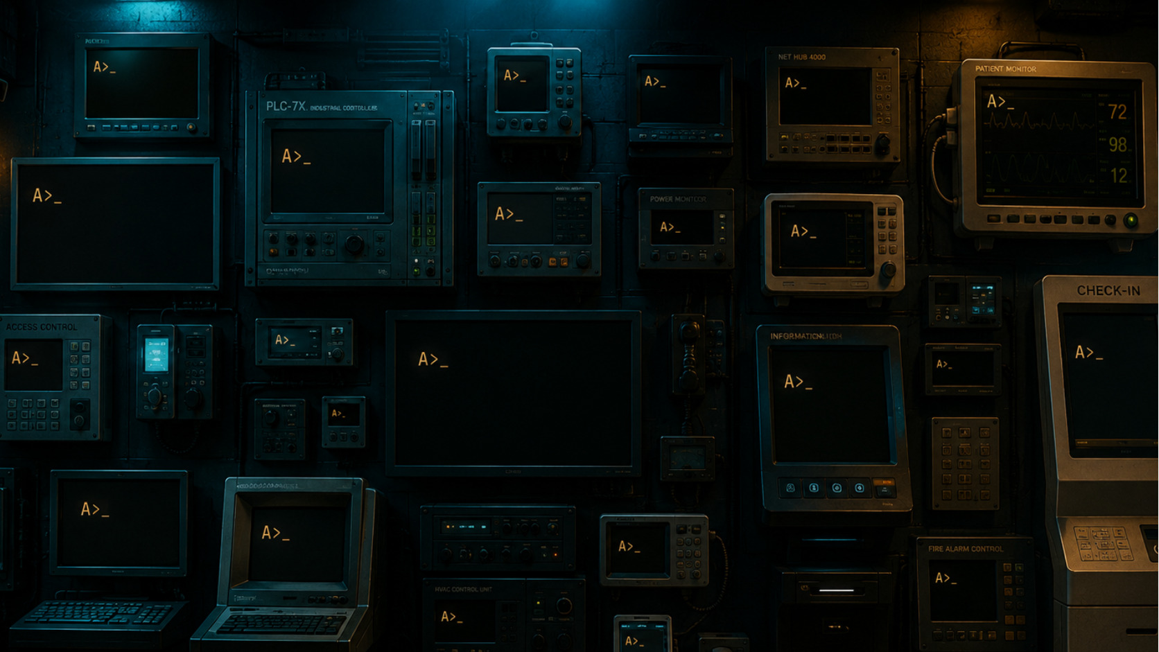 Conceptual wall of computers, industrial controls, medical monitors and kiosks all running a Digital Research command prompt
