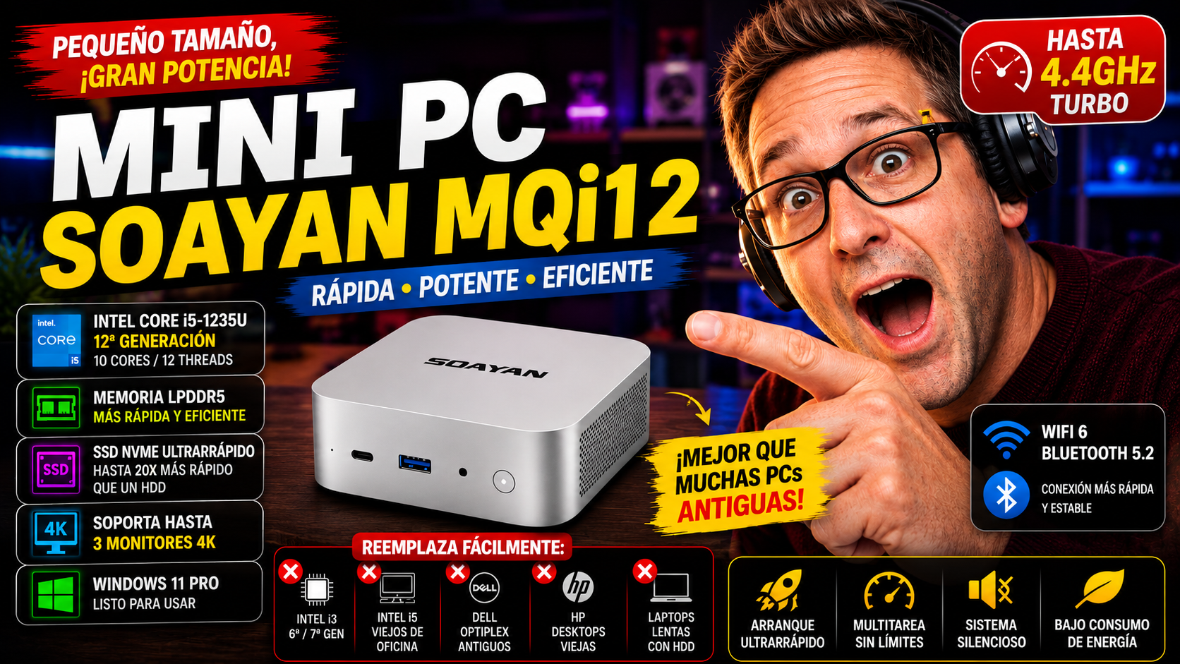Miniatura en espanol del review de la SOAYAN MQi12 Mini PC con Intel Core i5, Wi-Fi 6, Windows 11 Pro y salida para tres monitores 4K.