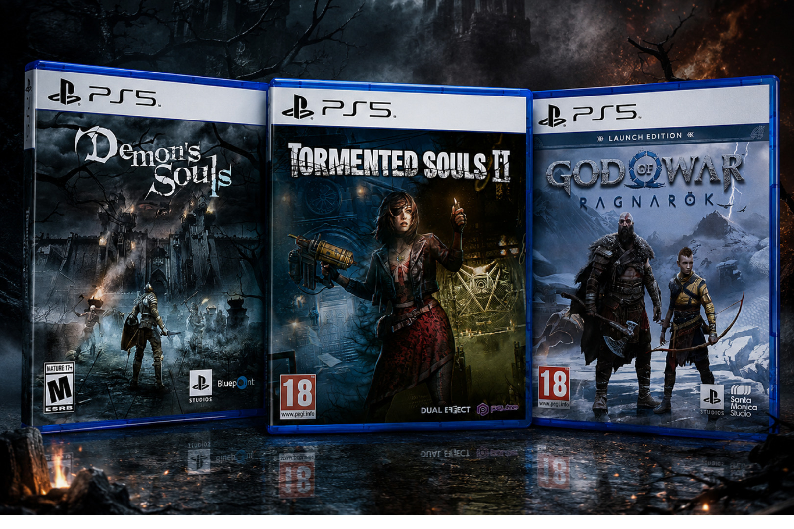 Three physical PS5 game cases displayed together