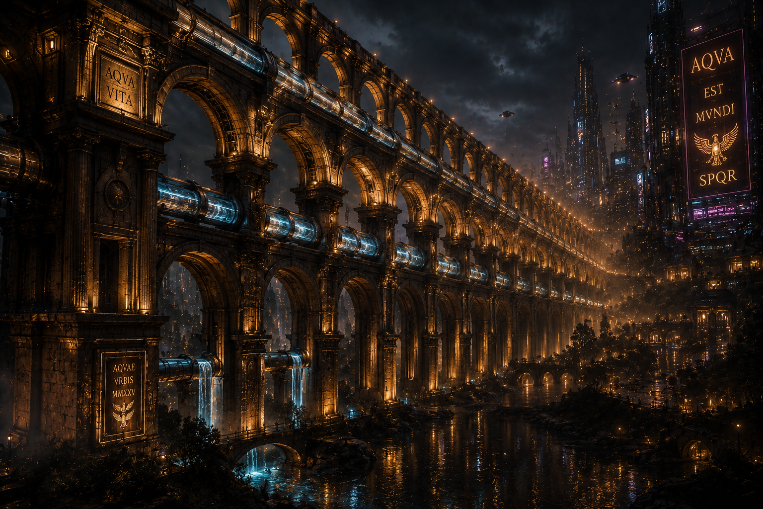 Acueducto romano futurista AQVA VITA con tuberías iluminadas