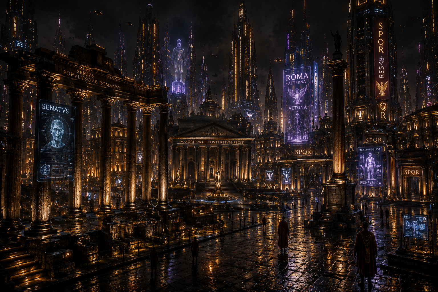 Foro romano futurista con pantallas holográficas SENATUS SPQR
